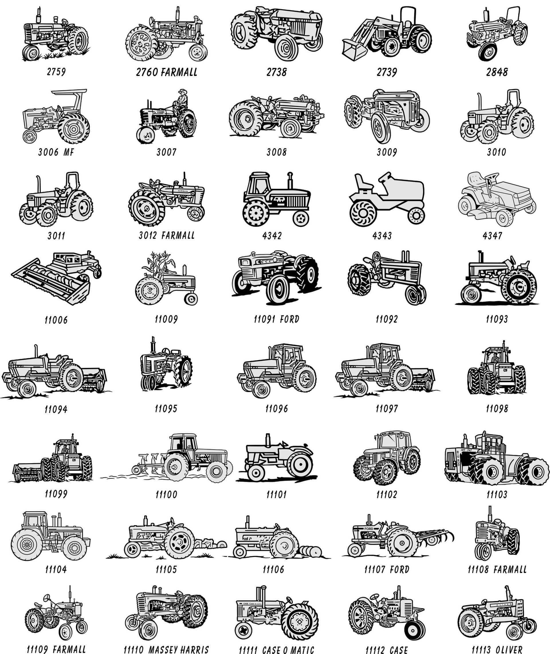 A grid of 40 black-and-white line drawings illustrating various historical tractor models, each labeled with a year.
