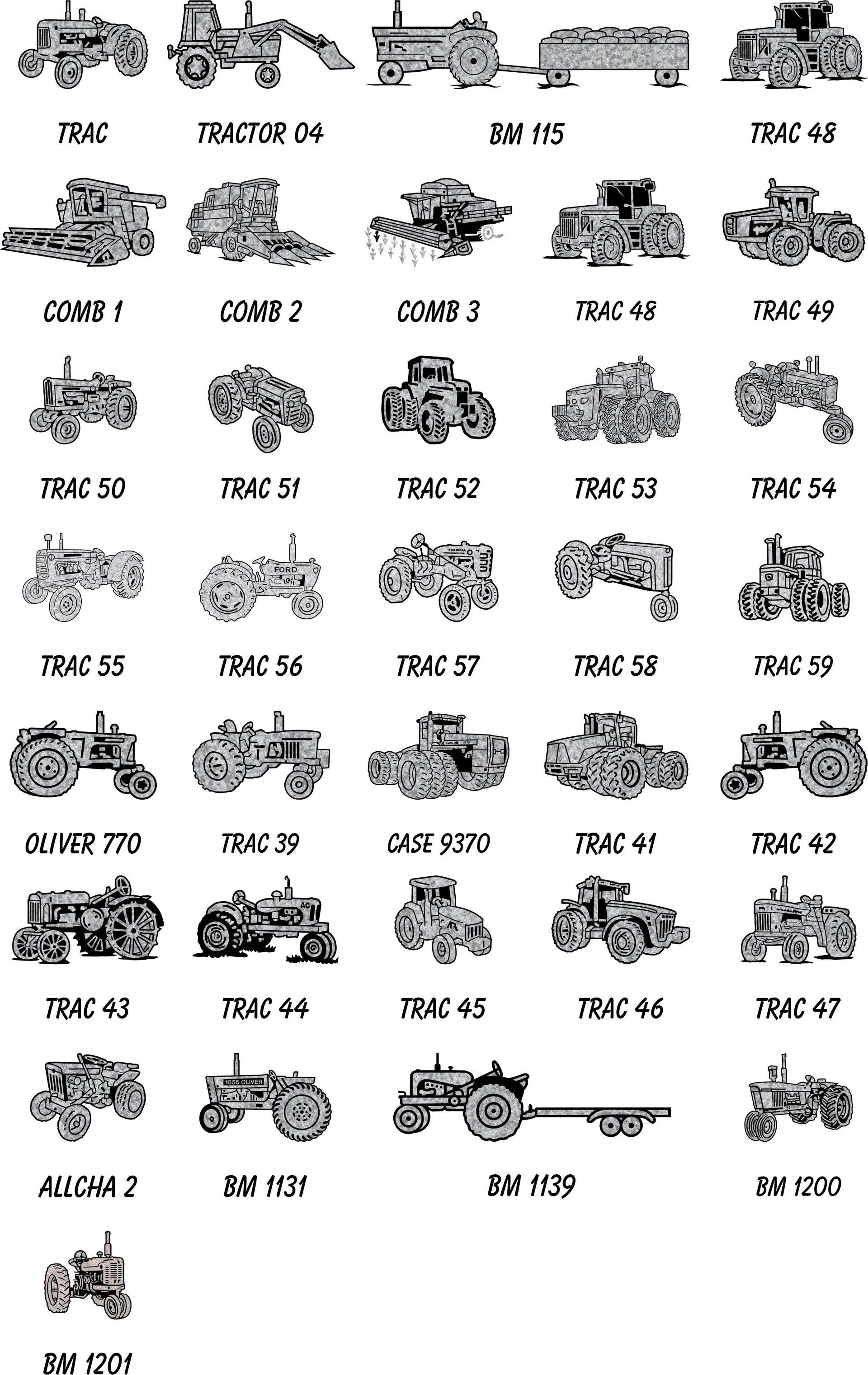 Grid of various black-and-white tractor and farm equipment icons, each labeled with a specific model name.