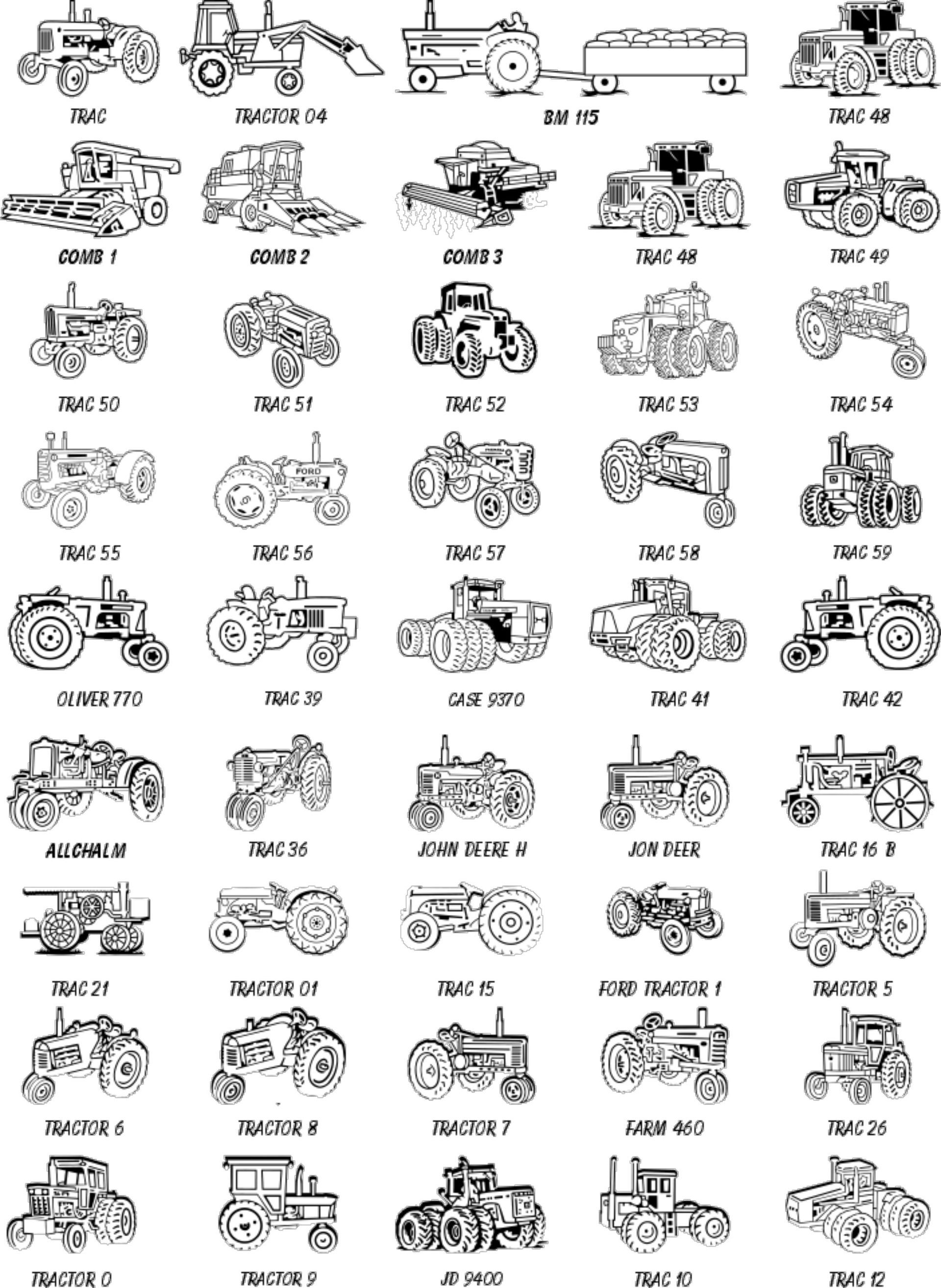 A chart showing 45 black-and-white line drawings of various vintage farm tractors and agricultural machinery.