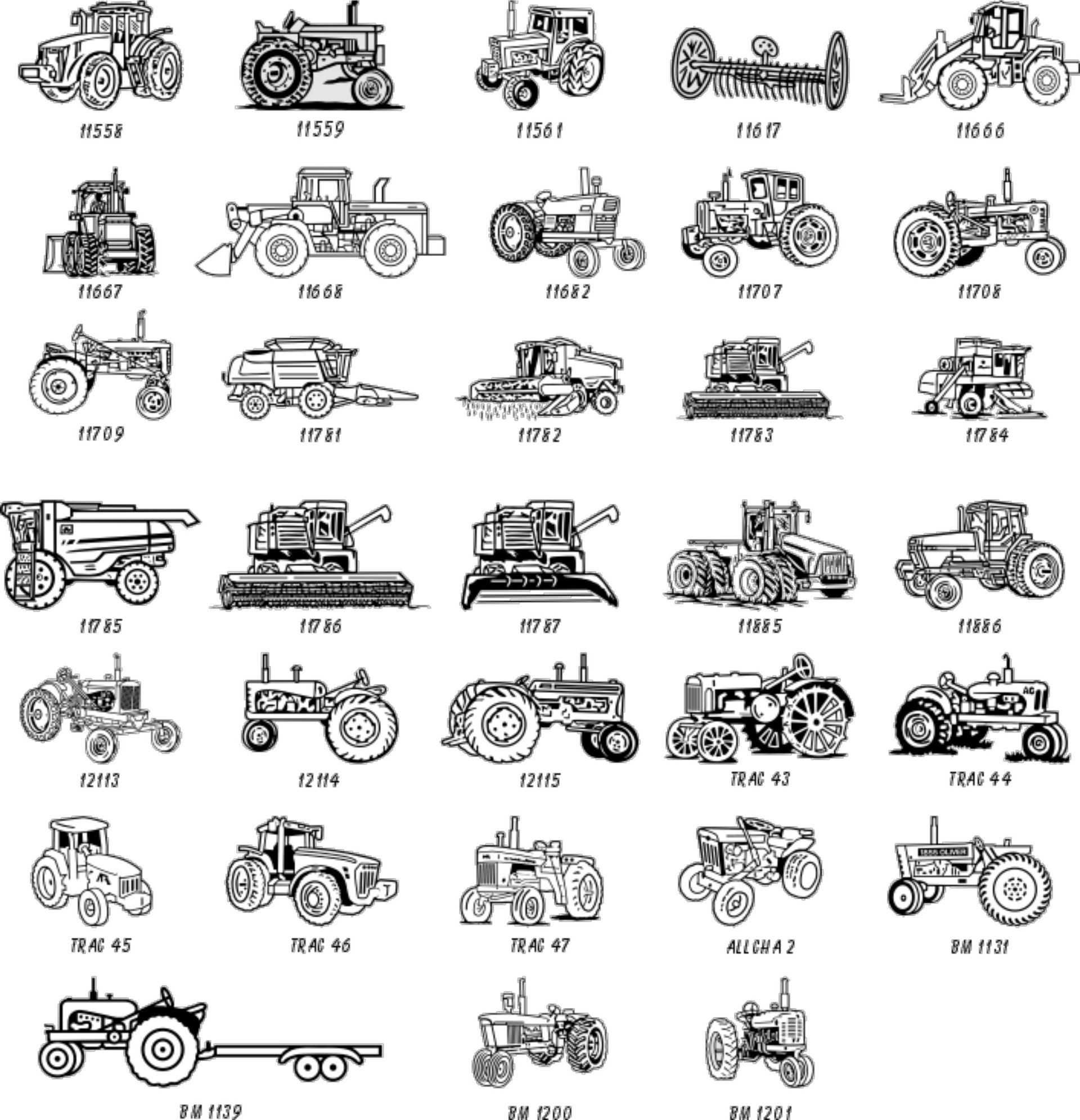 A grid of black-and-white line drawings showcasing various models of vintage tractors and agricultural farm machinery.