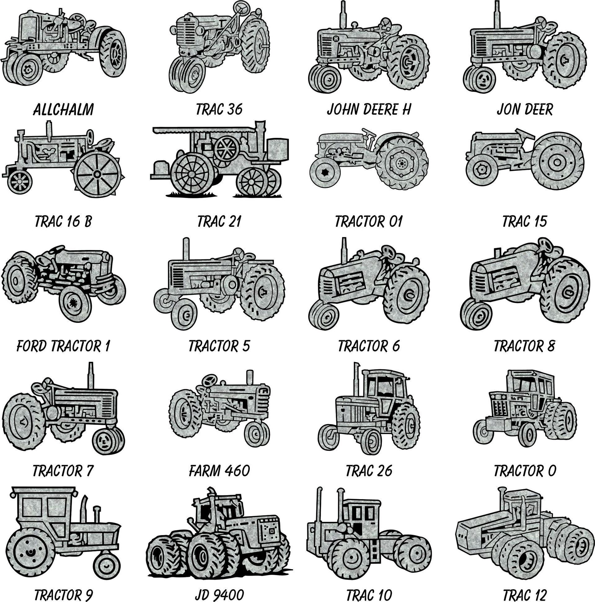A grid of twenty black-and-white line-art illustrations of vintage tractors, each labeled with a specific model name.