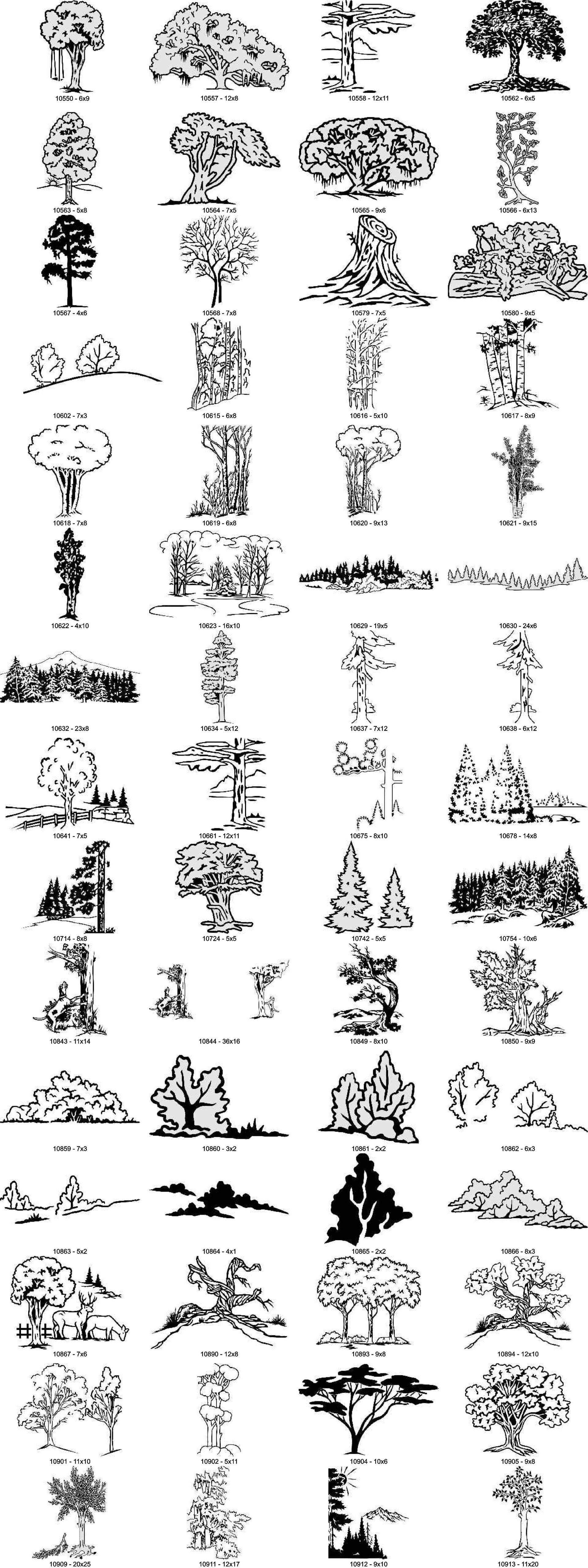 A reference sheet featuring black-and-white ink illustrations of various trees, shrubs, and bushes in different styles.