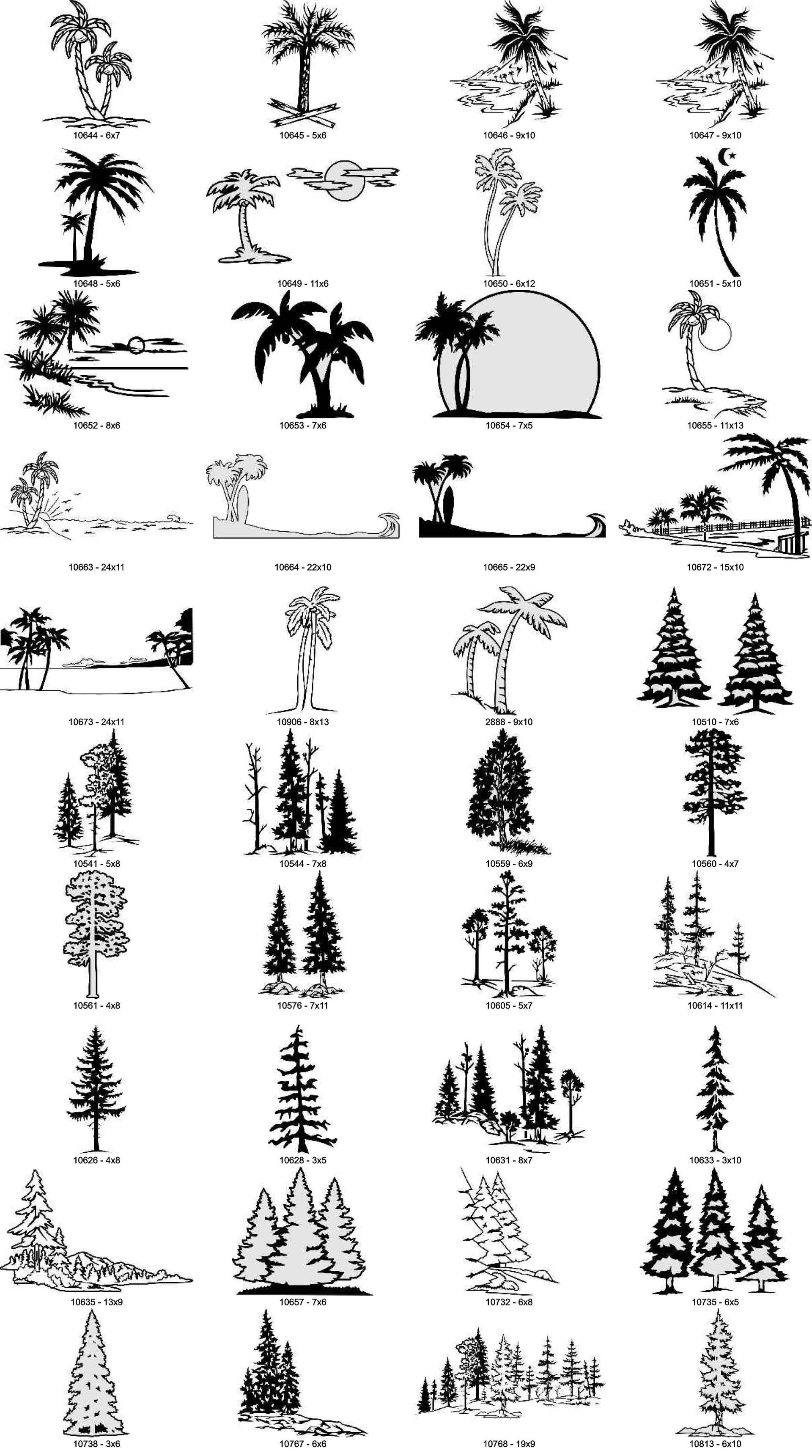 A grid of 40 black-and-white illustrations of various trees, including palm trees, pine trees, and deciduous trees.