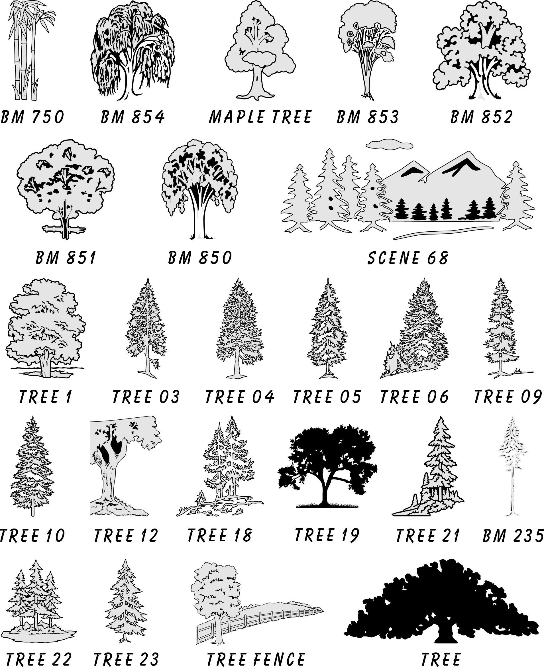 A grid of various black-and-white tree icons and illustrations, each labeled with a specific model or file name.