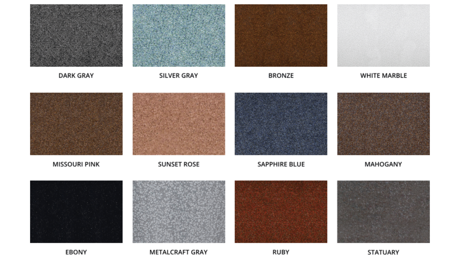 A grid of 12 color swatches with labels including Dark Gray, Silver Gray, Bronze, White Marble, and Mahogany.
