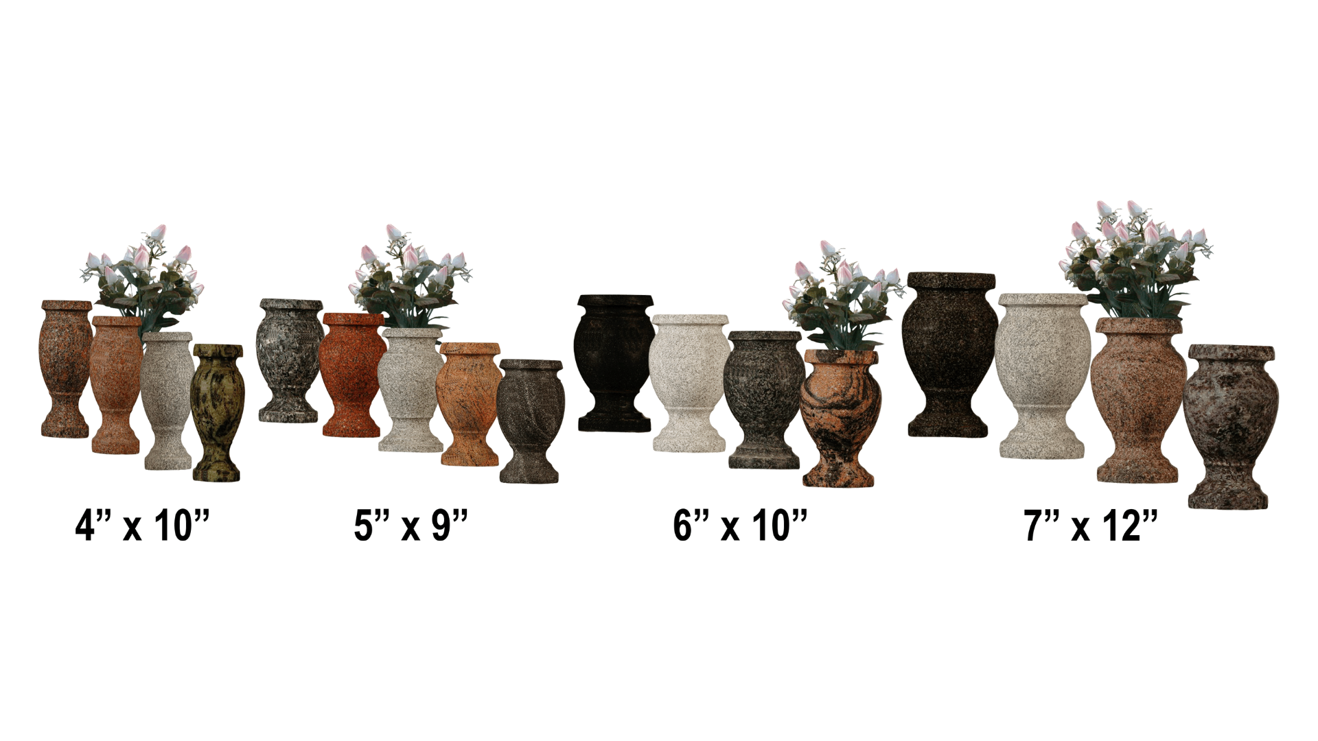 Four groups of stone-textured vases in various colors, labeled by size: 4