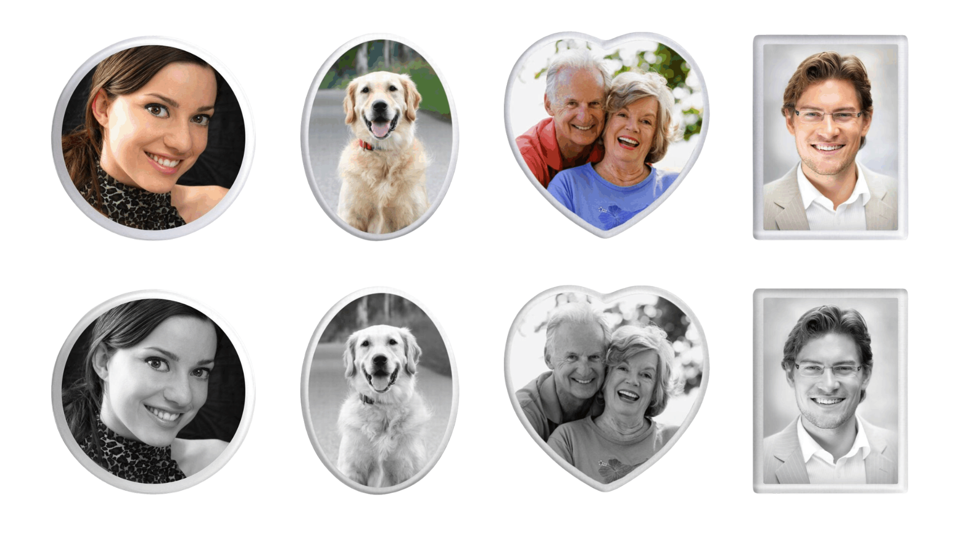 Eight framed photos arranged in two rows: top row in color, bottom row in black and white, featuring four subjects each.