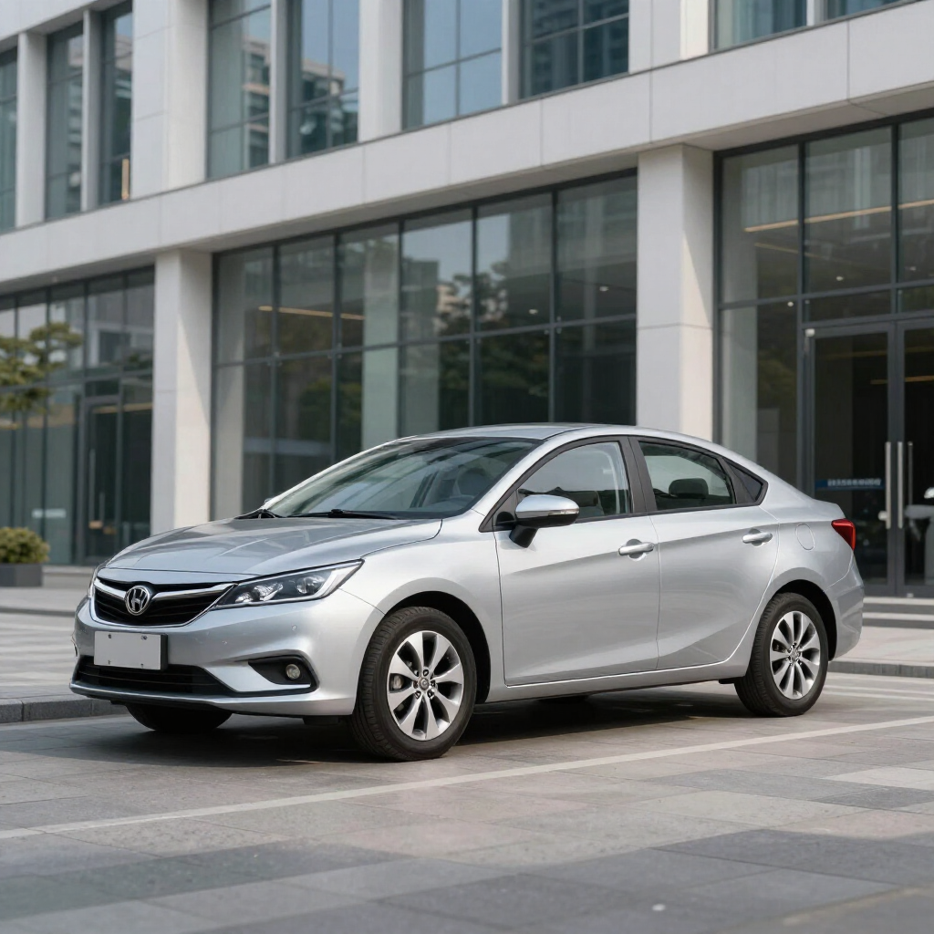 Silver sedan parked outside a modern office building