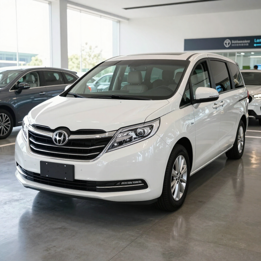 White Toyota minivan displayed in a showroom, front three-quarter view