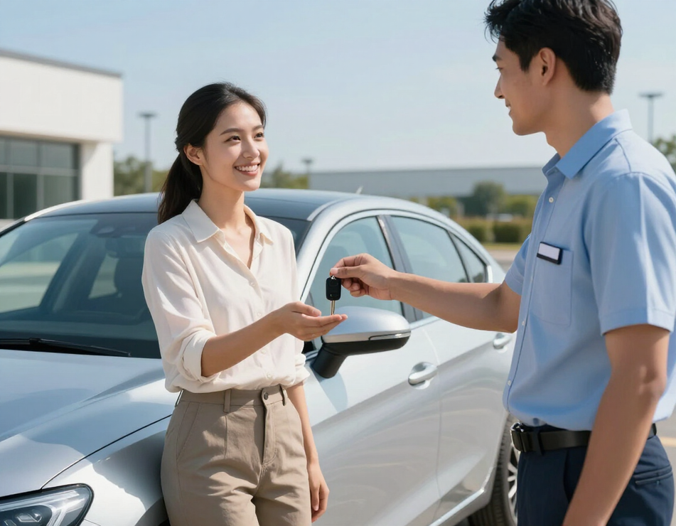 Woman receives car keys from a salesperson beside a silver car outdoors.