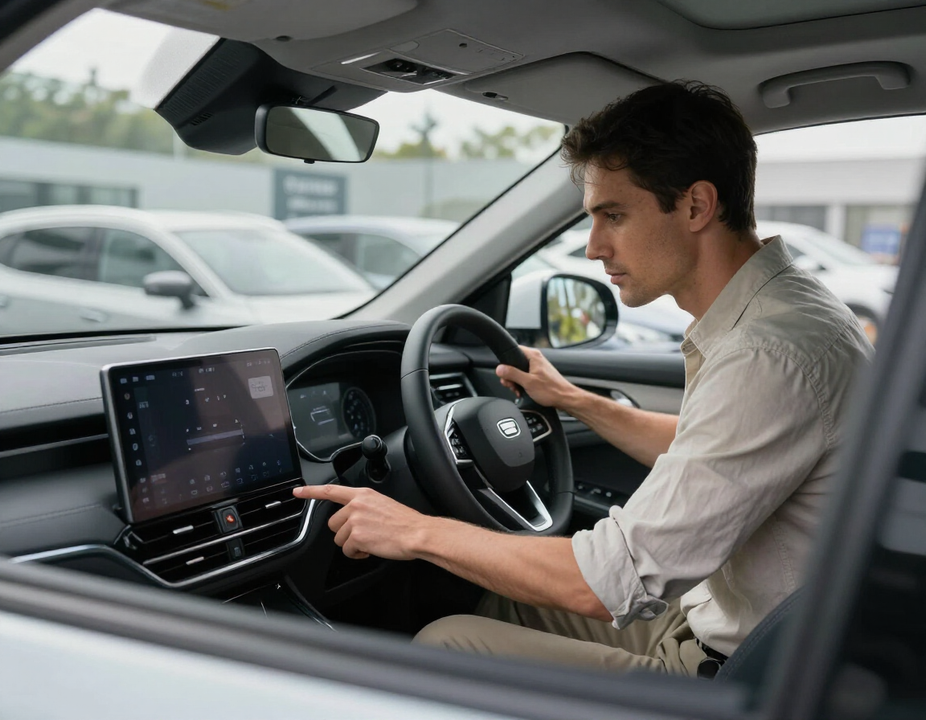 Driver in a car using a touchscreen dashboard while parked.