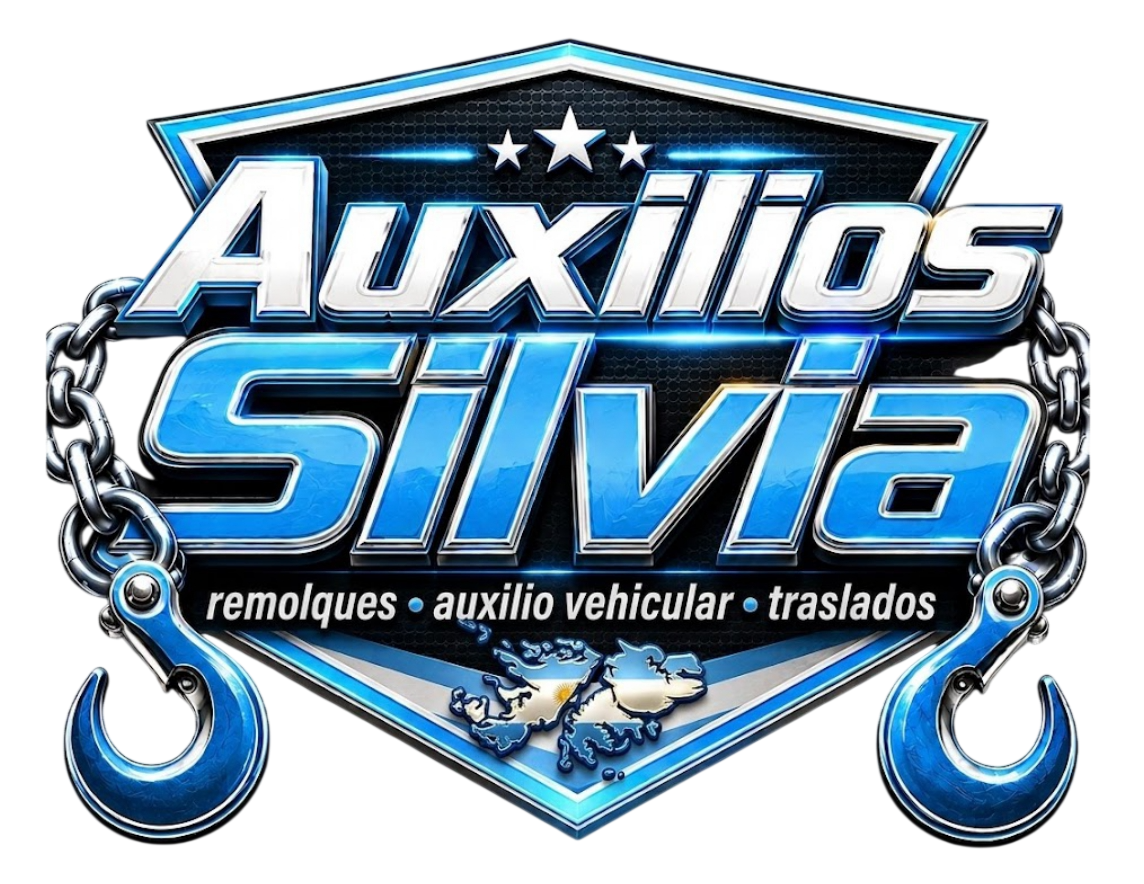 Logotipo azul metálico “Auxilios Silva” con cadenas, ganchos y un emblema de sol dorado