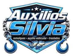 Logo de Auxilios Silvia en azul y blanco con ganchos de remolque y texto &ldquo;remolques &bull; auxilio vehicular &bull; traslados&rdquo;.