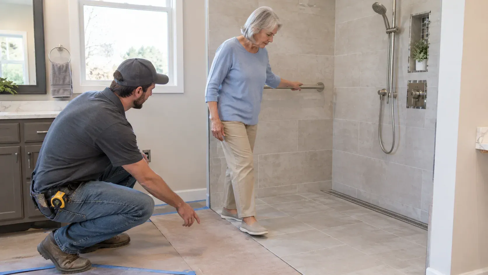 Contractor measuring floor, pointing at curbless shower as woman with cane enters.