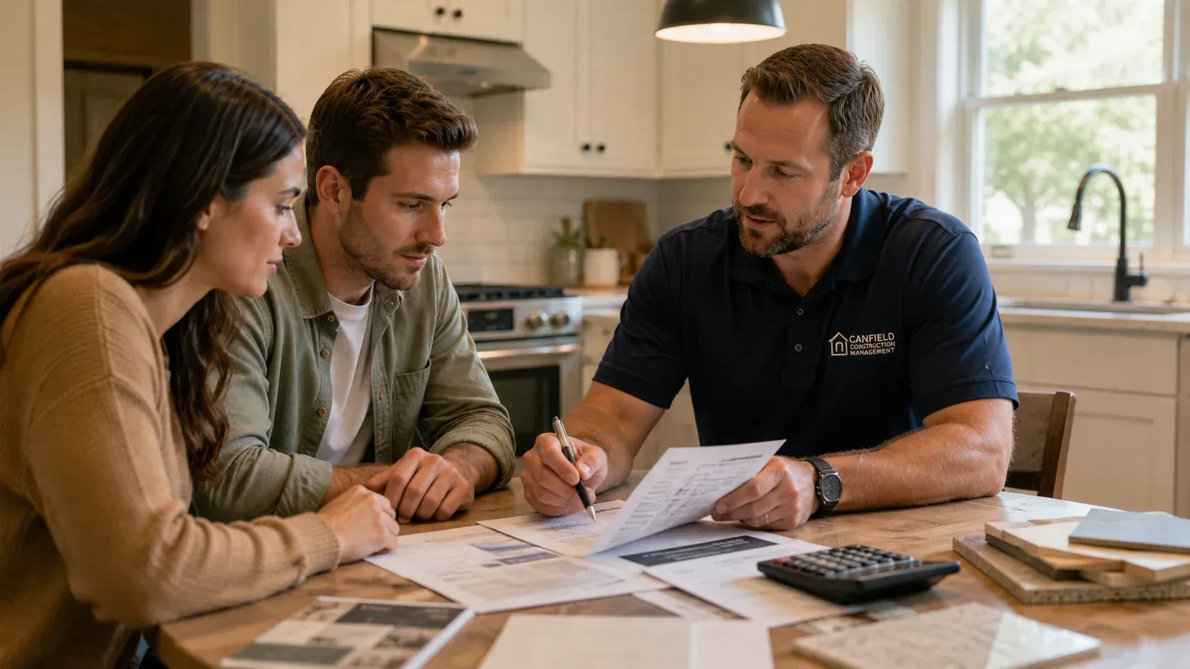 Couple reviewing paperwork: how do you finance a kitchen or bathroom remodel?
