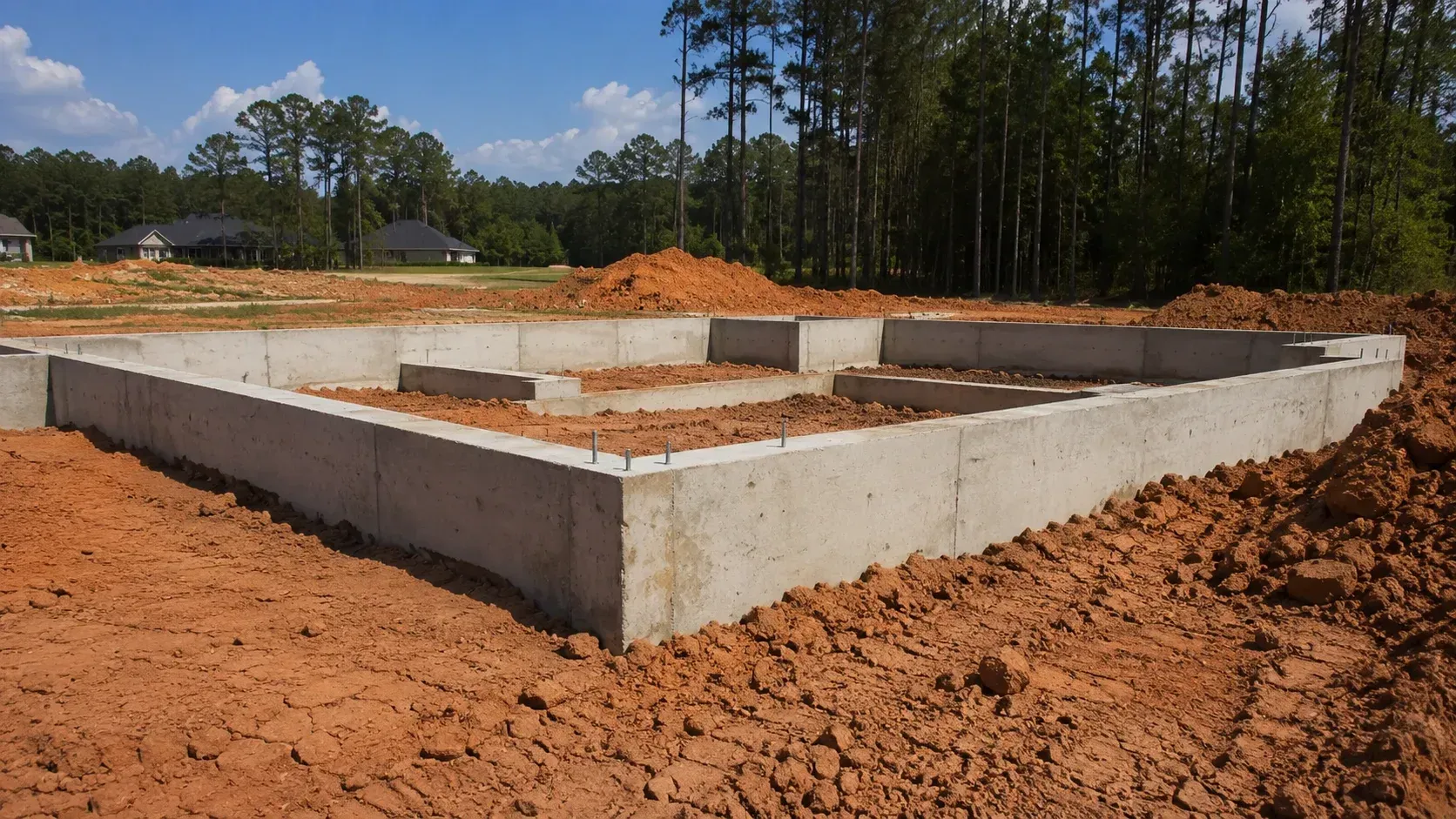 A newly poured concrete foundation surrounded by expansive red soil, demonstrating how does East Texas's clay soil affect your new home's foundation?