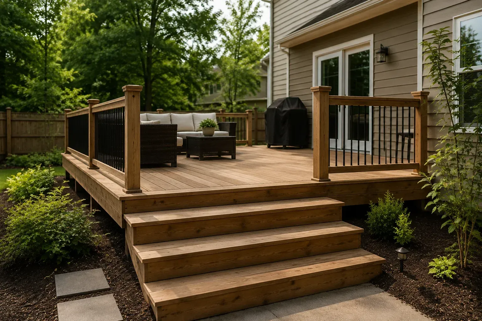 A spacious outdoor wooden deck with a seating area, demonstrating how much a deck costs to build.