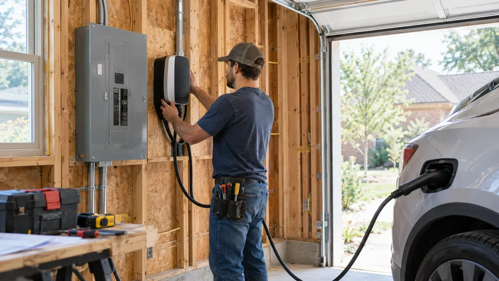 Electrician installing EV charging unit on open garage framing near the electrical panel.