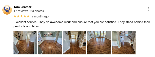 A picture of a wooden floor with a review from tom cramer.