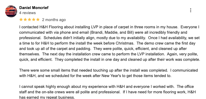 A man is giving a review on a google review page.