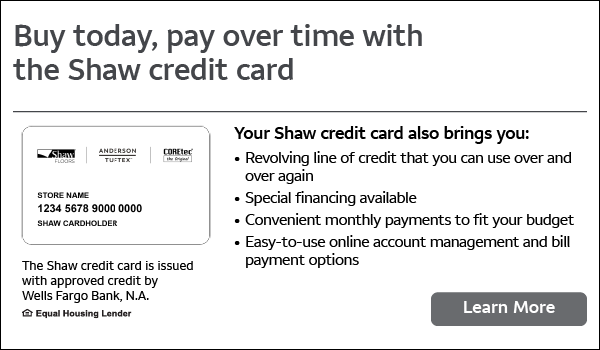 An advertisement for a credit card that says buy today pay over time with the shaw credit card