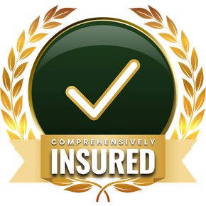 Gold badge with green checkmark and laurel wreath, labeled “Comprehensively Insured”