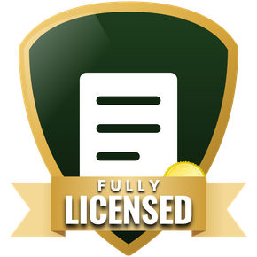 Gold shield badge with green center, white document icon, and “FULLY LICENSED” ribbon text