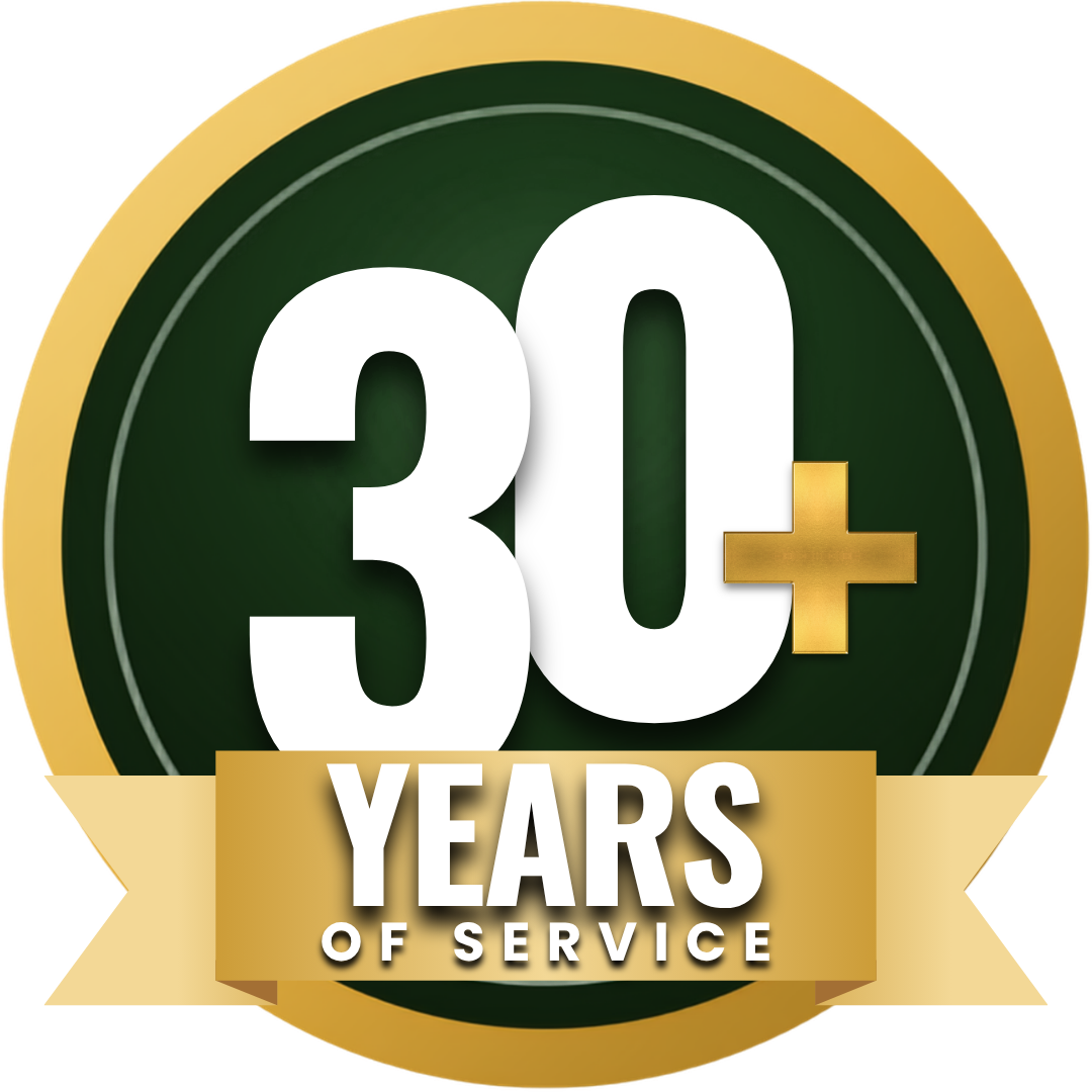 30+ years of service emblem in green and gold, with a ribbon banner
