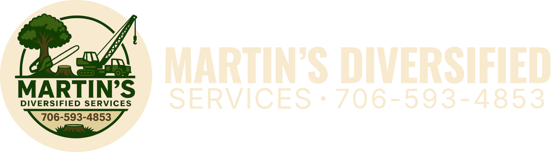 Martin’s Diversified Services logo with green tree emblem and tan text, 706-593-4853
