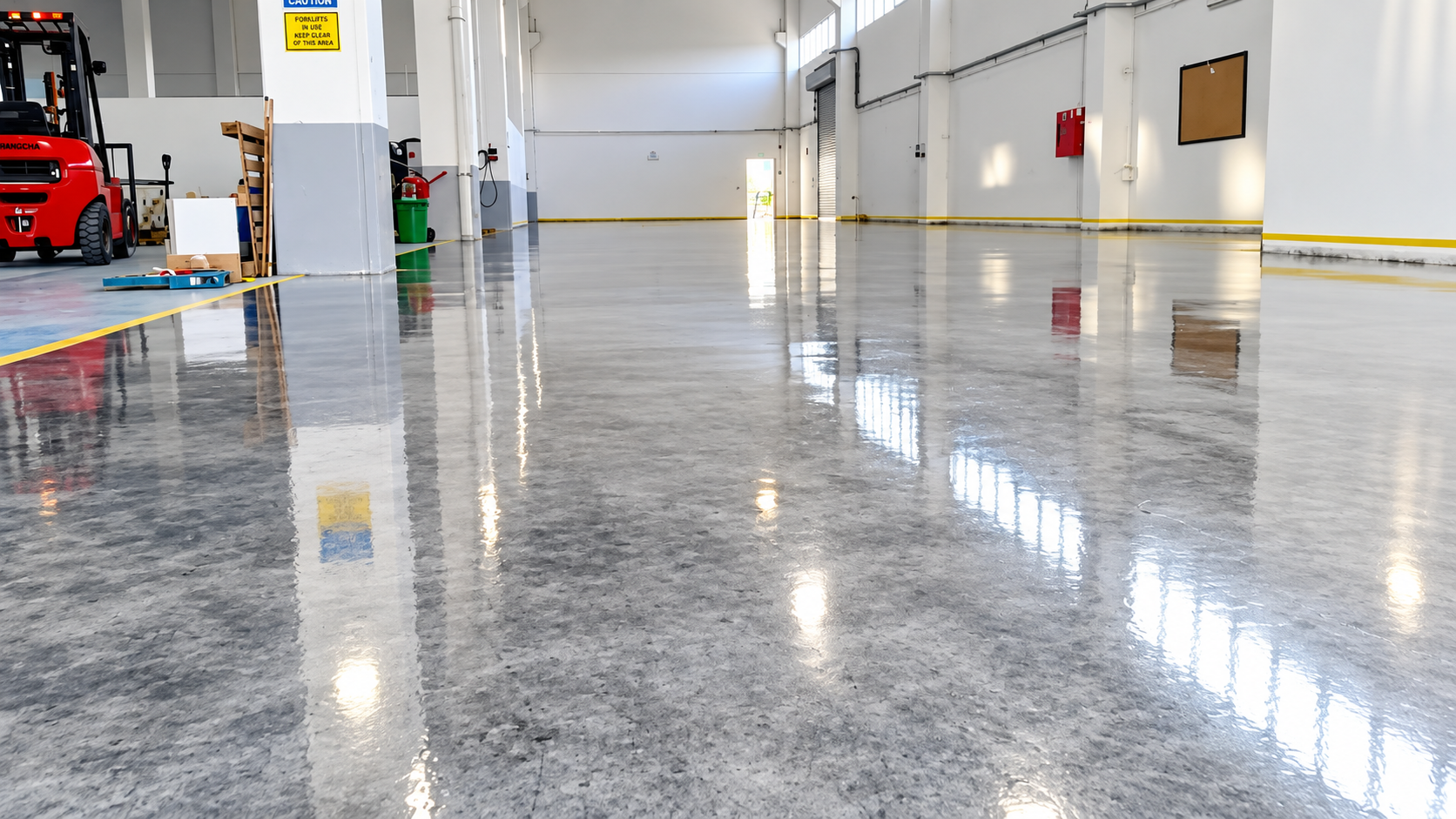 Shiny polished garage floor in an empty industrial workshop, with red equipment on the left and bright reflections.