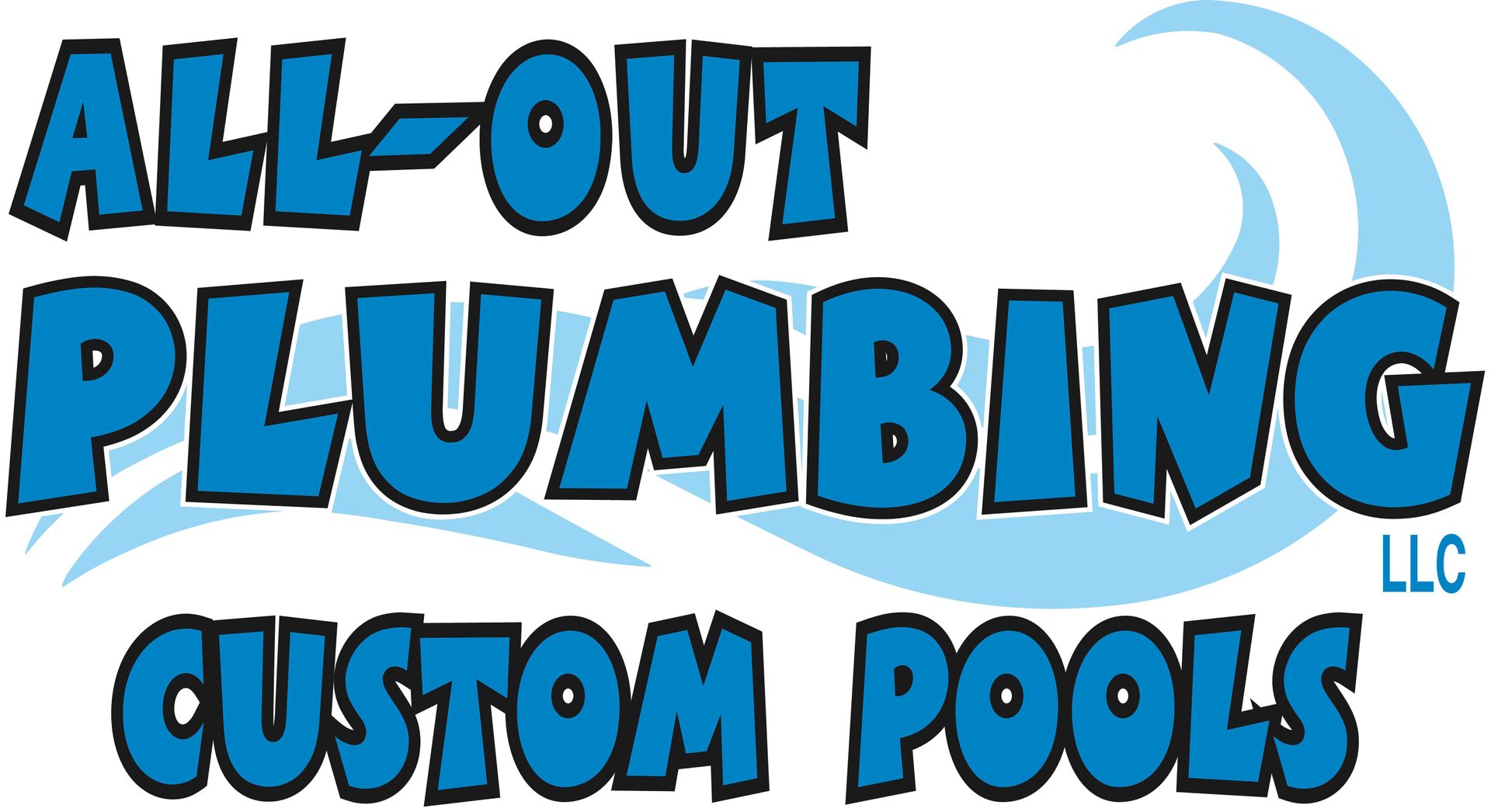 All-Out Plumbing Custom Pools LLC logo in blue and black with a water splash graphic