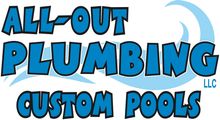All-Out Plumbing Custom Pools LLC logo in blue and black with a water splash graphic