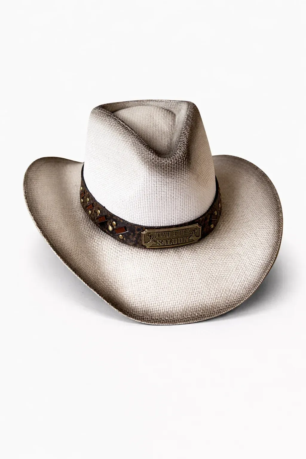 White cowboy hat with a dark band on a plain white background