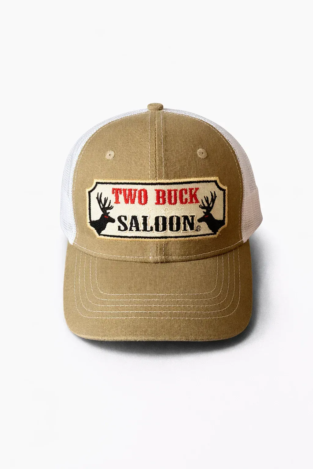 Tan cap with “Two Buck Saloon” patch and black deer silhouette logo