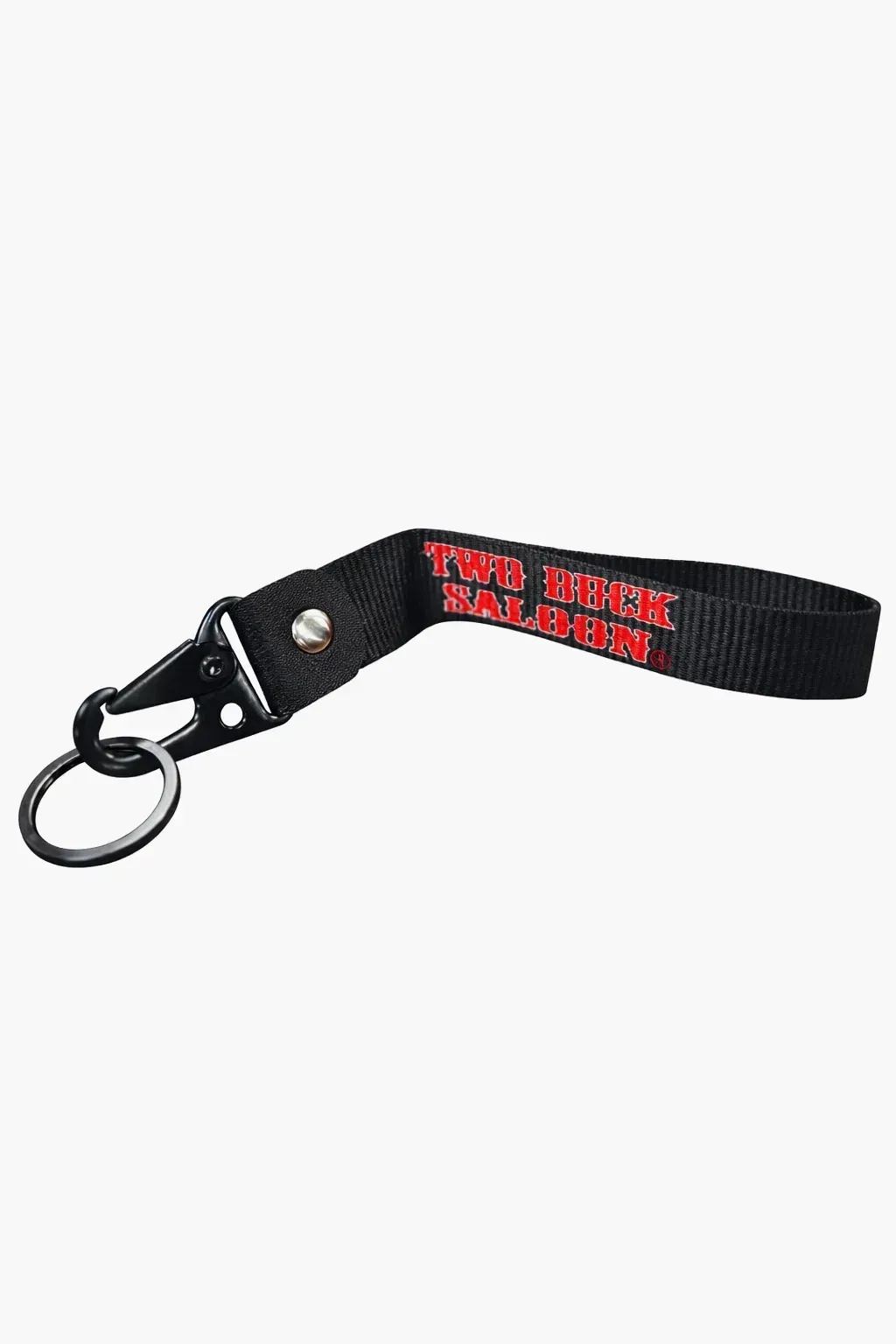 Black wrist lanyard keychain with metal clip and red “The Black Dragon” text