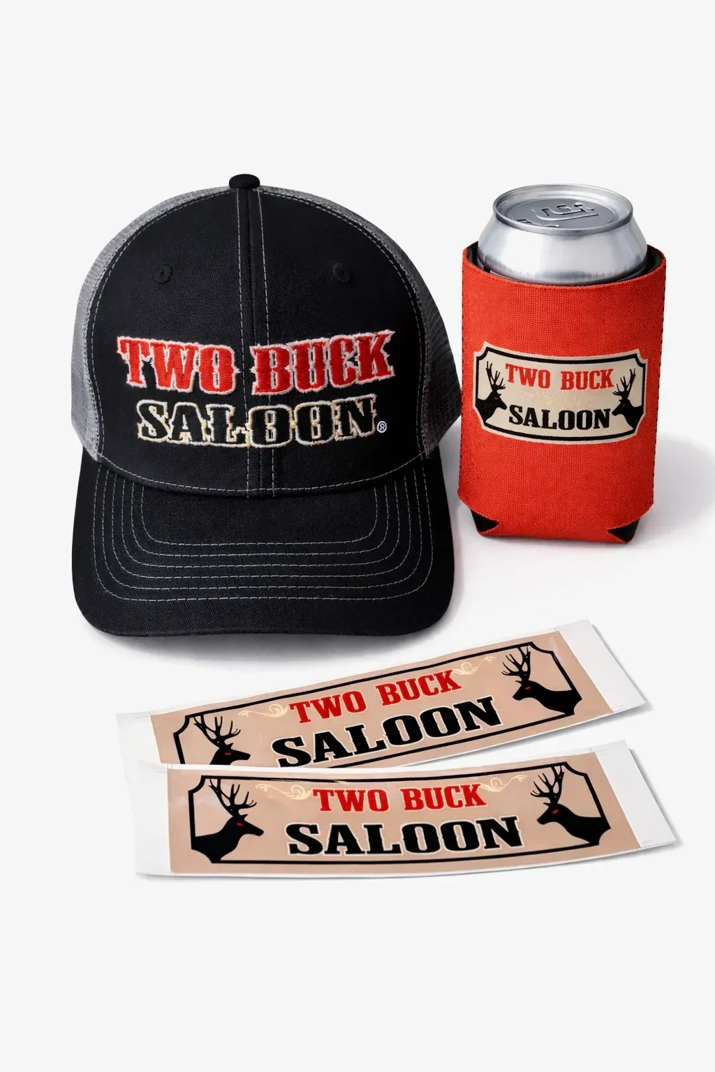Black mesh trucker cap, red can koozie, and two beige “Two Buck Saloon” decals on a white background