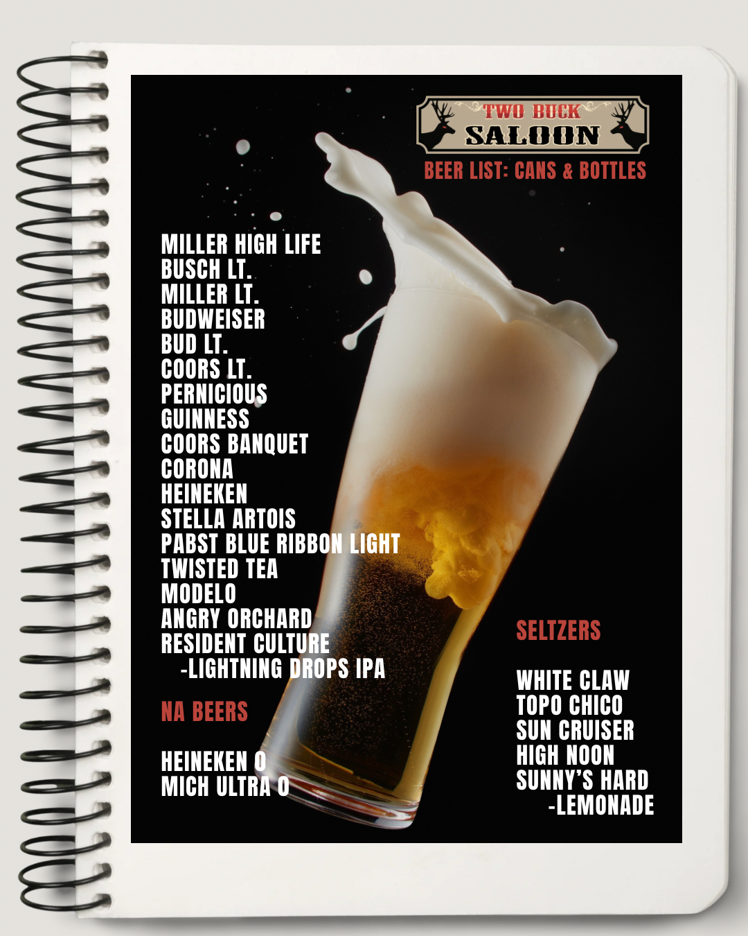 Notebook cover with a beer pour illustration and a list of music tracks, black background