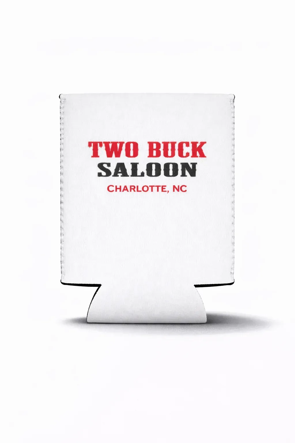 Black koozie with a cream label reading “Two Buck Saloon” in red and black text