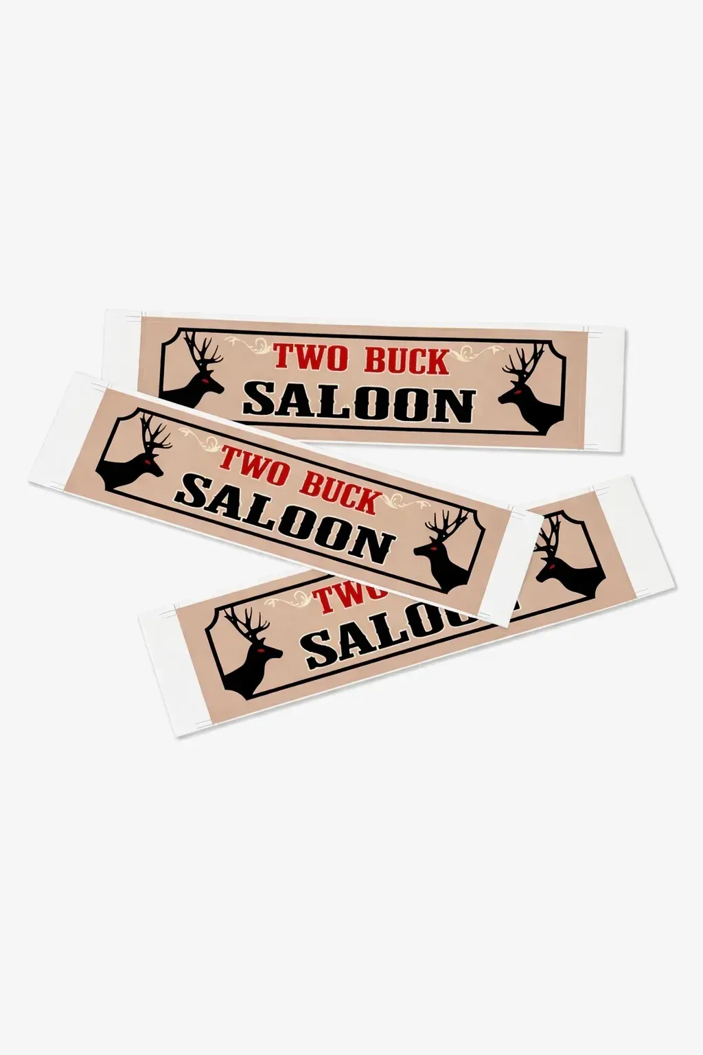 Three vintage-style “Two Buck Saloon” signs in beige, red, and black on a white background