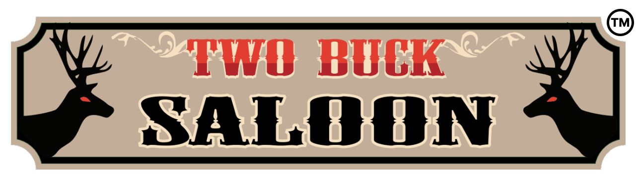 Western-style sign reading “Two Buck Saloon” with black deer heads on a beige background