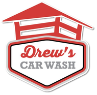 A red and white logo for drew 's car wash