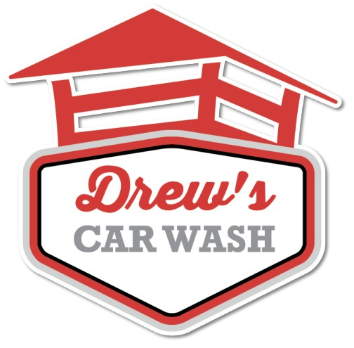 A red and white logo for drew 's car wash
