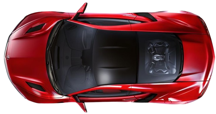 An aerial view of a red sports car on a white background.
