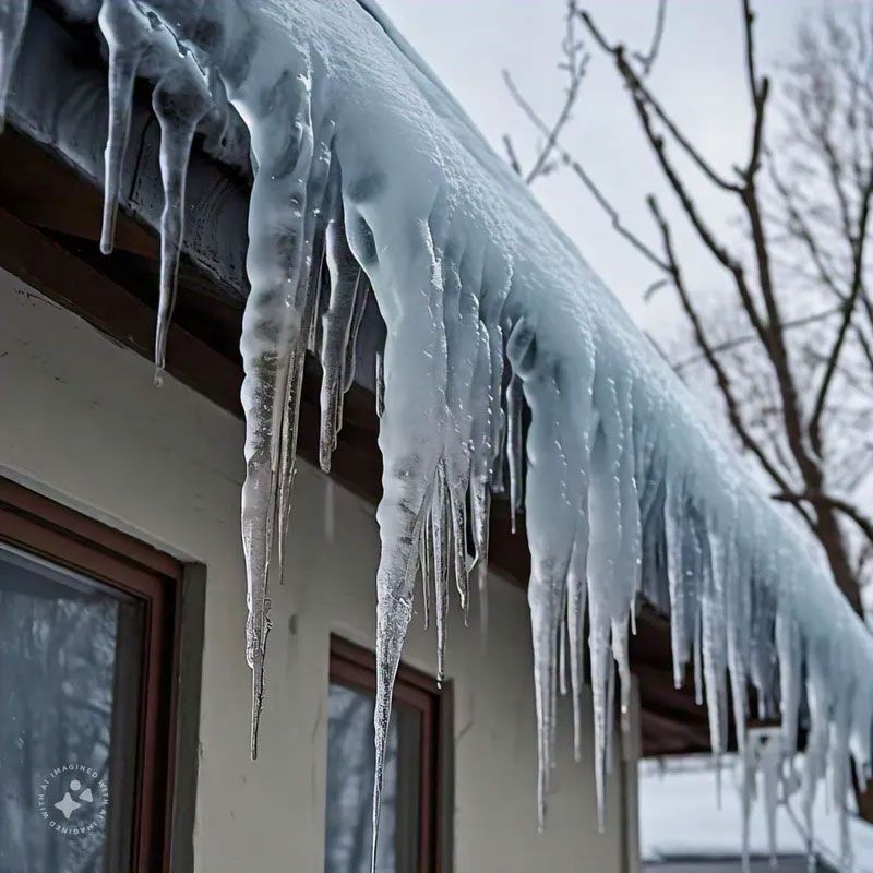 Long icicles hanging from a house roof gutter in winter