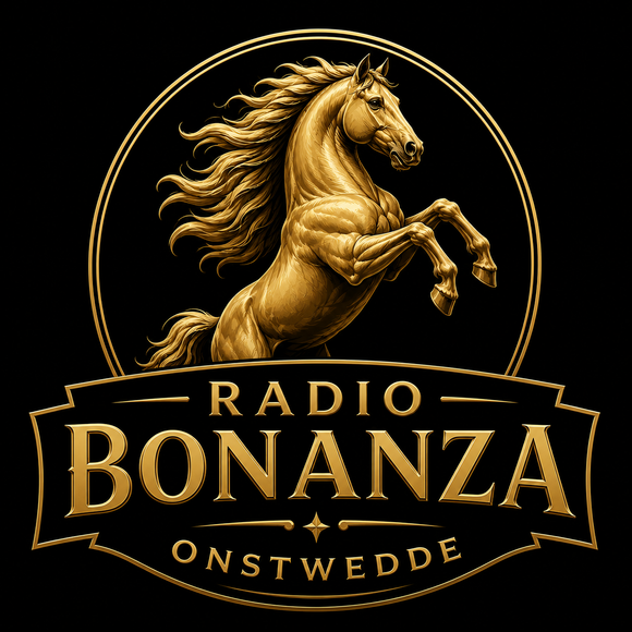 Gouden logo van een steigerend paard met de tekst 