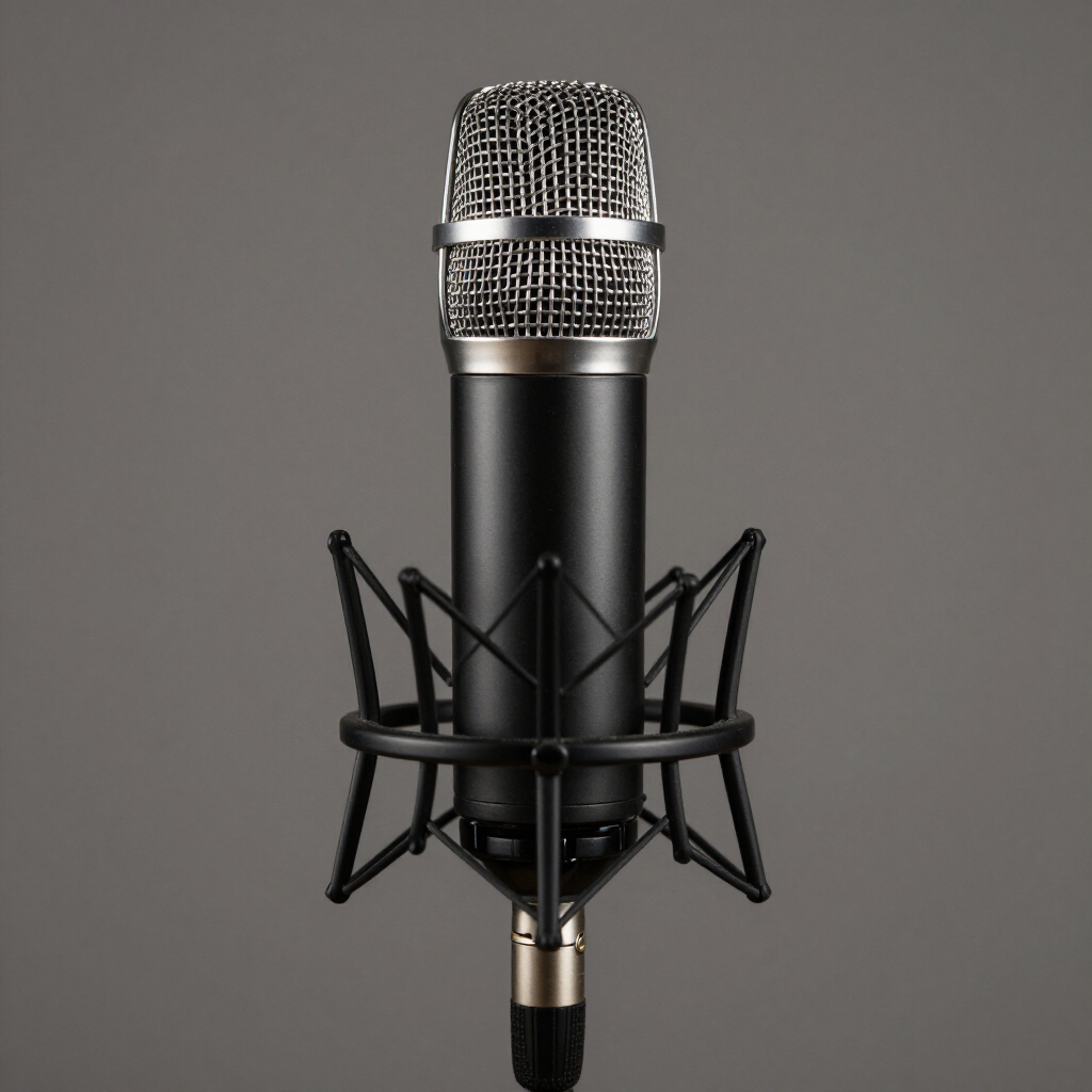 Studio condensatormicrofoon met metalen gaaskop en zwarte schokdemper op een grijze achtergrond