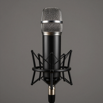 Studio condensatormicrofoon met metalen gaaskop en zwarte schokdemper op een grijze achtergrond
