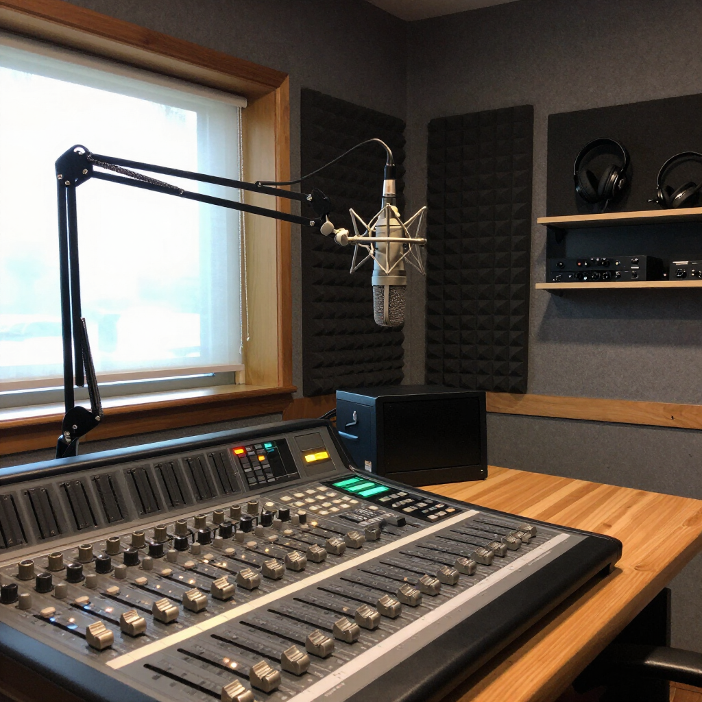 Radiostudio met microfoonstatief, mengpaneel en koptelefoon op planken bij een raam.