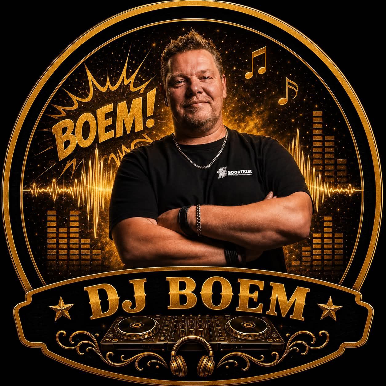 DJ BOEM-promotieafbeelding met een neonpaars raster, cyaan accenten en een lachende man met gekruiste armen.