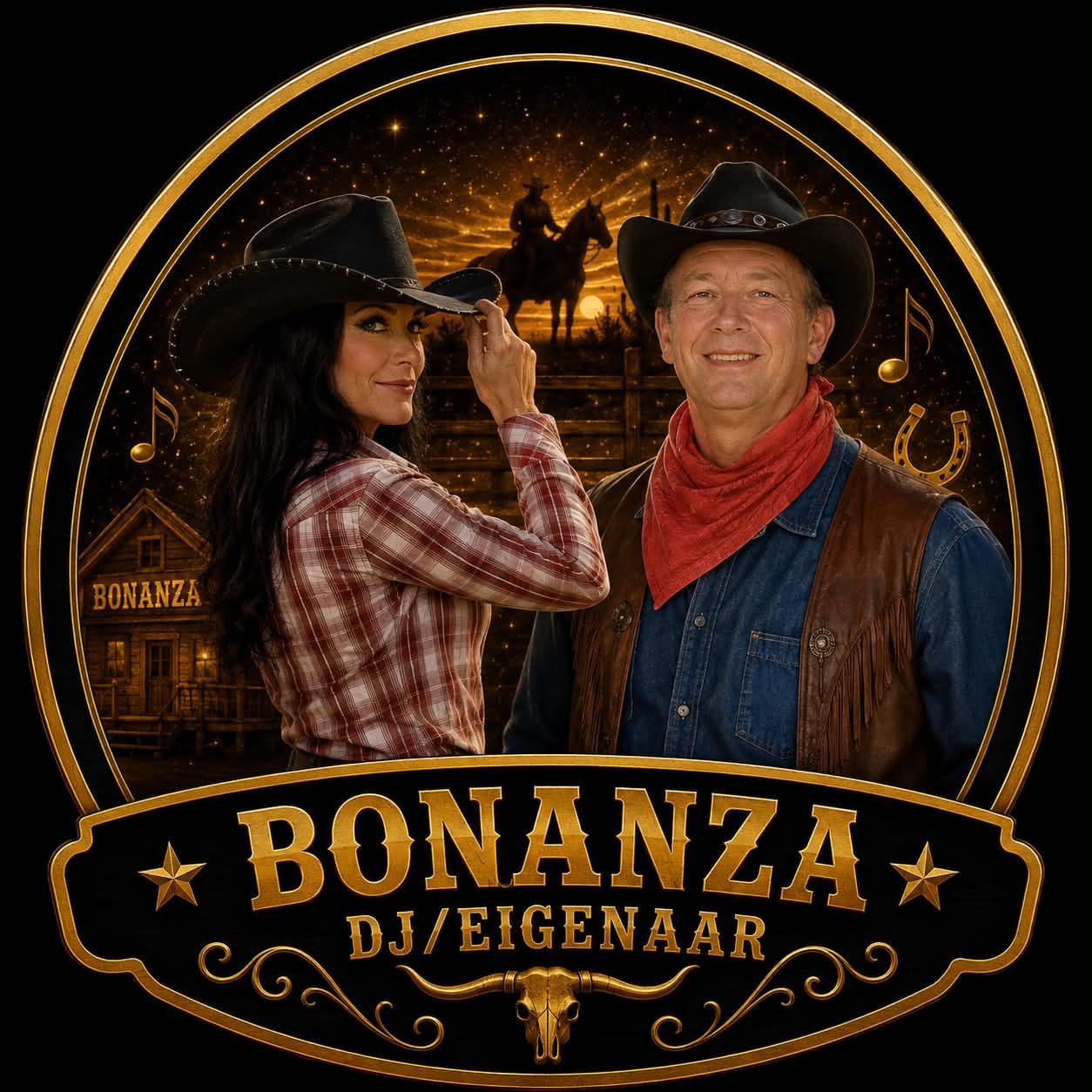 Bonanza DJ/eigenaar-graphic met neonraster, cowboy-zonsondergang en retro paarsblauwe jaren 80-stijl.
